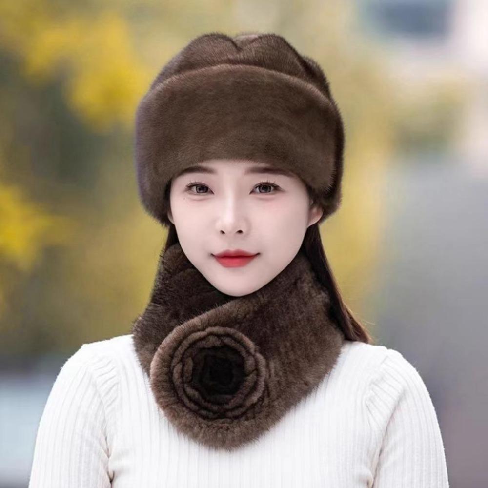 Mink Leather Hat Female Winter Middle-aged and Elderly Mother Model Ear Protection Warm Imitation Fur Whole Leather Mink Velvet Scarf Hat