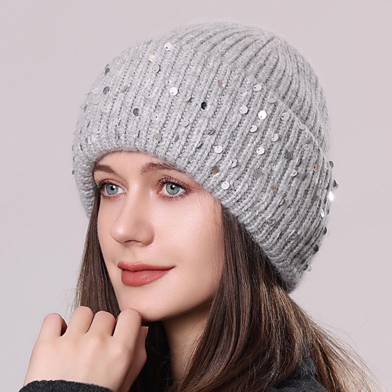Pletená čepice z králičí kožešiny se sekviny Zimní teplá vlněná čepice Módní dámská čepice přes hlavu s ochranou uší