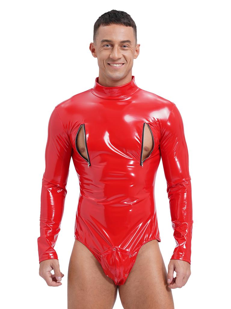 Glänzender Catsuit für Herren, sexy, mit Reißverschluss und offenem Schritt, glänzender Leder-Bodysuit aus Latex, Turnanzug, Jumpsuits, Clubwear, Pole Dance Show