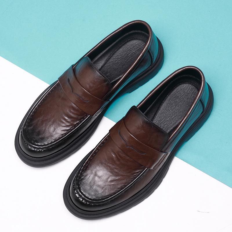Leather Shoes Men's 2025 Hong Kong Style Business Casual Foot Cover British Style Men's Shoes Hand-scratched Trendy Men's Loafers