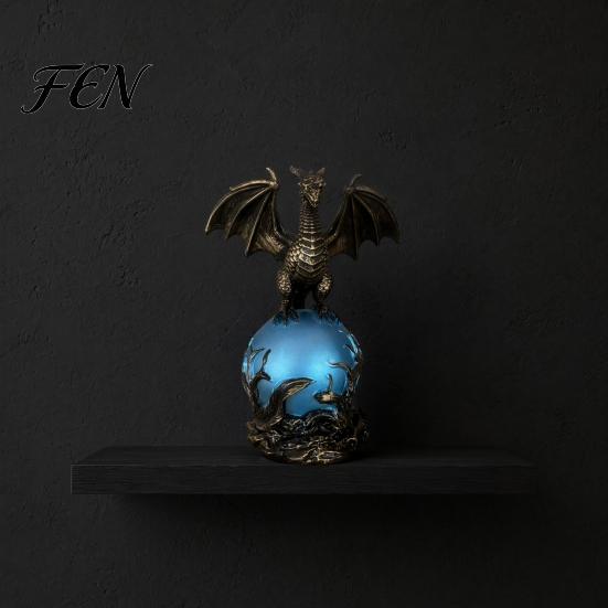Resin Dragon Sculpture Statue with Ball, Dark Style Figurine, USB Powered Desktop Figurine With Light Lamp Ornaments, Fantasy Gift for Men &
