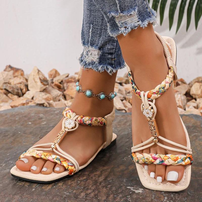 Fashion Fashion Flower Beaded Bohemian Sandals Women Square Toe Printing Braided Flat Sandals Woman 2025 Summer Comfortable Beach Shoes