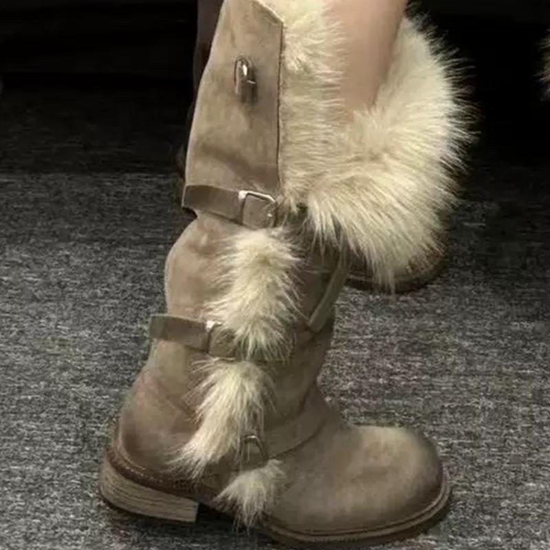 Dámské měkké elastické silné podrážky zimní kožešinová integrace teplé protichladové polstrované sněhule protiskluzové nošení ležérní sportovní vysoké trubkové kožešinové bavlněné boty