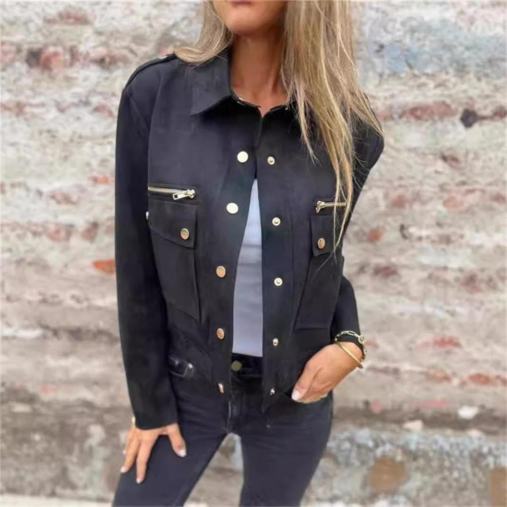 Women's Suede Jacket Lapel Long Sleeve Metal Zipper Outerwear Autumn Winter Coat