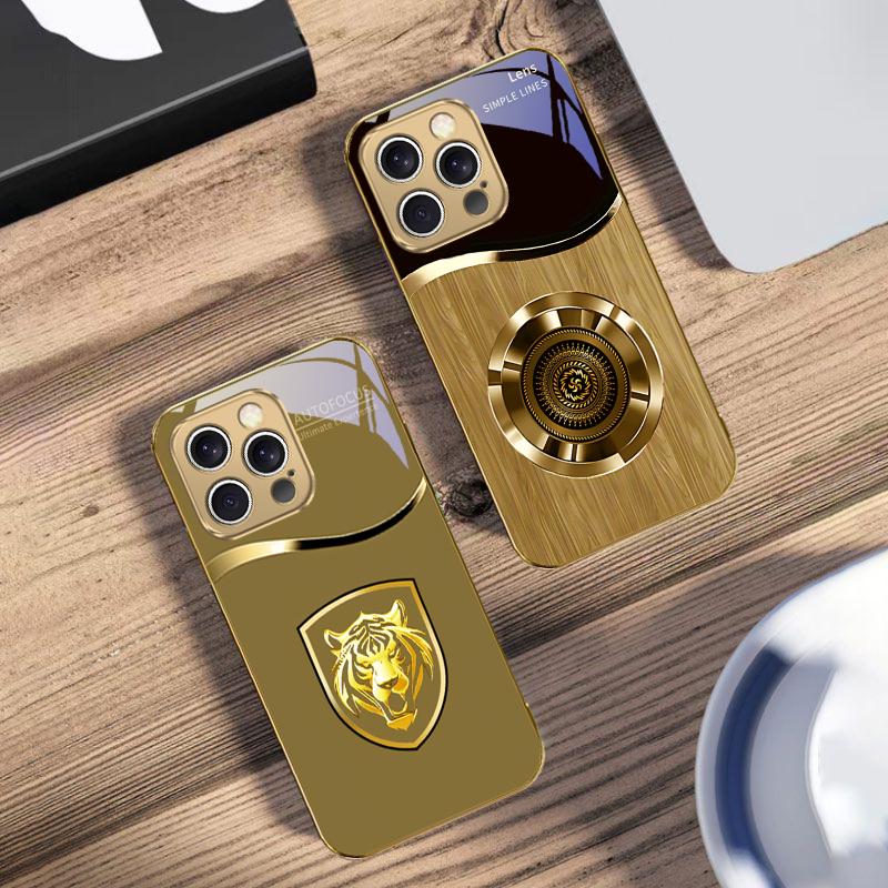 Metal retro pattern For IPhone 16 16Pro Max 15 P ro 14 13 Plus 12 Mini 11Pro Max XS Max XR 16E 14Plus X Golden glass phone case