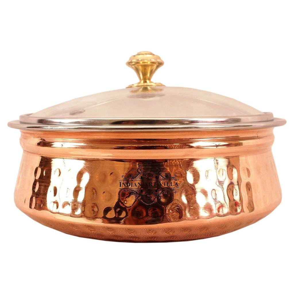Steel Copper Hammered, Polished Serving Handi with Glass Lid 750 ML - Serving Dishes Chicken Briyani Vegetables Home Hotel Restaurant Tableware