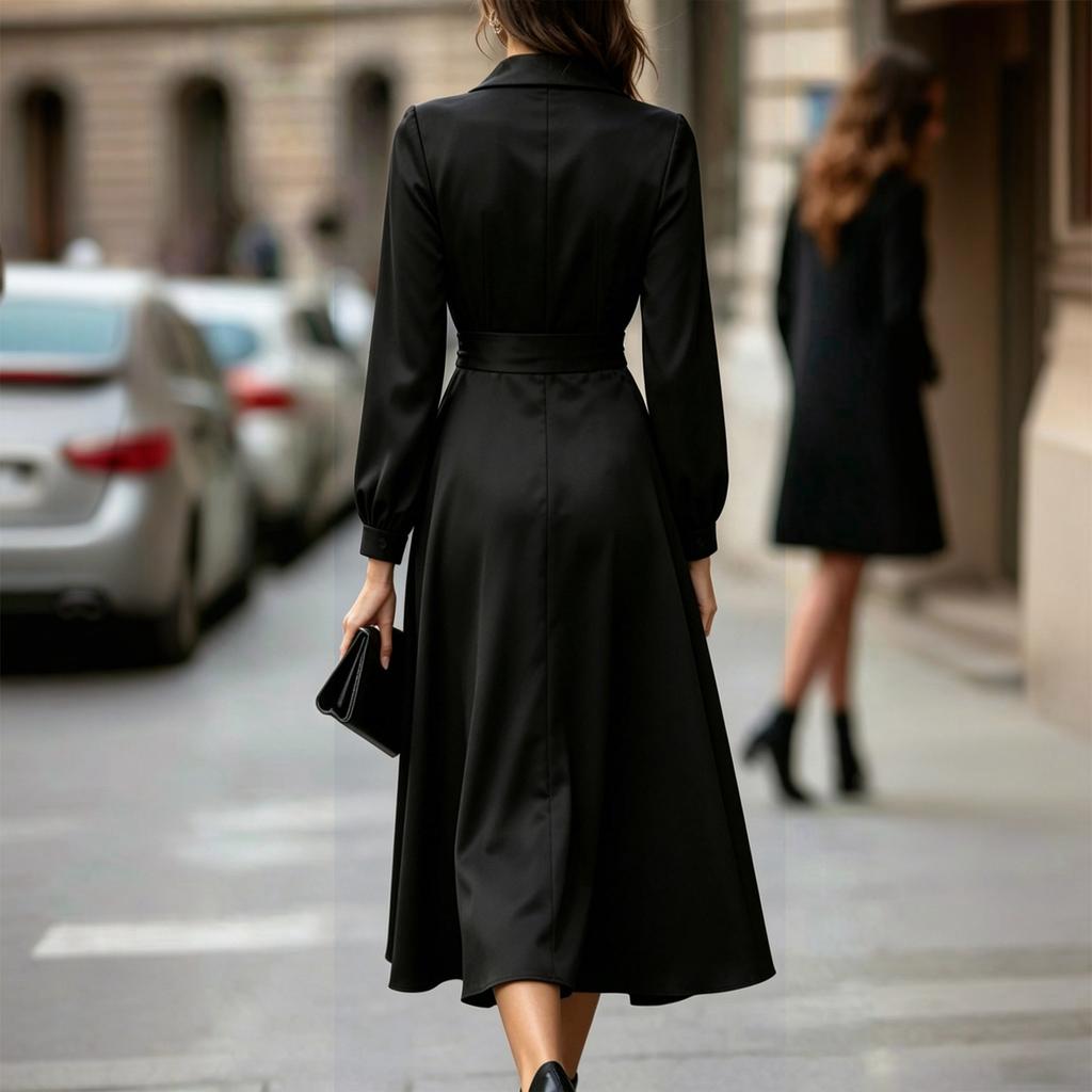 Damen-Midi-Kleid mit langen Ärmeln, Blazer-Kragen, tailliertem Schnitt und ausgestelltem Rock, elegantes Büro-Stil-Kleid für die Arbeit und formelle Anlässe