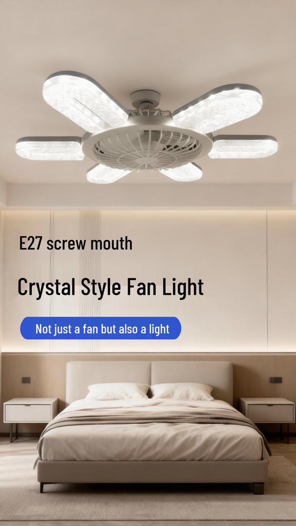 Crystal Style Dimmable LED Fan Light with Remote Control, E27 Screw Base for Home, Bedroom, and Dormitory.