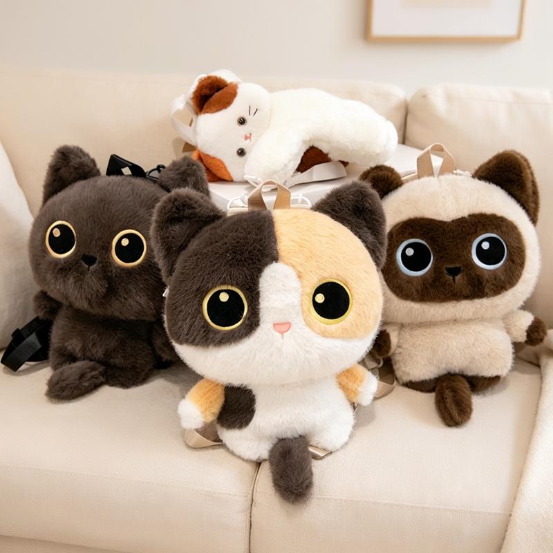 Zaino Giocattolo Peluche Gatto Occhi Grandi Adorabile da 50 Cm Gatto Siamese Carino Gatto Nero Gatto Tricolore Bambole Zaino Bel Regalo di Compleanno