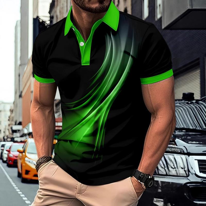 Men's black Polo shirt with purple gradient fluid pattern on the collar