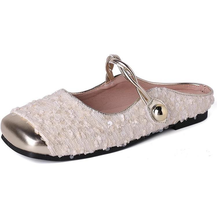 Sequined Silver Bag Head Half Slippers Spring and Summer Temperament Mary Jane Single Shoes Flat Mullers