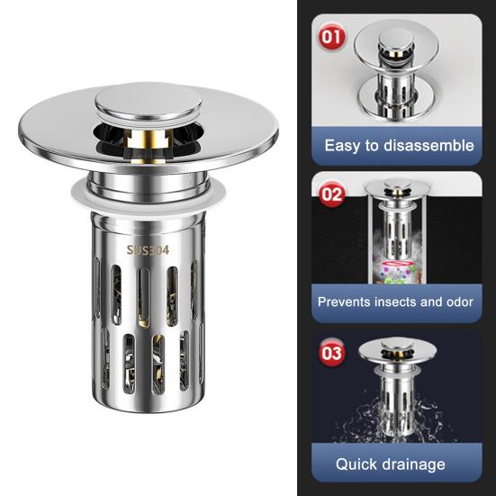 Brass Core Sink Stopper Stainless Steel Bathroom Sink Drain Strainer Easy Install Anti-Blocking Filter