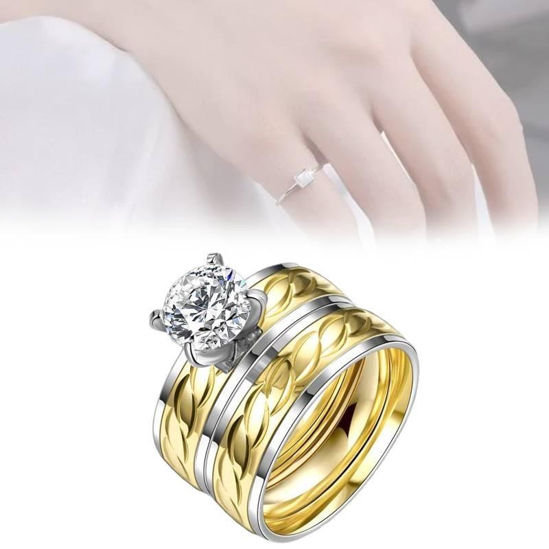 Stylish Gold Titanium Steel Ring For Couples Featuring Hidden Zircon Stone Design