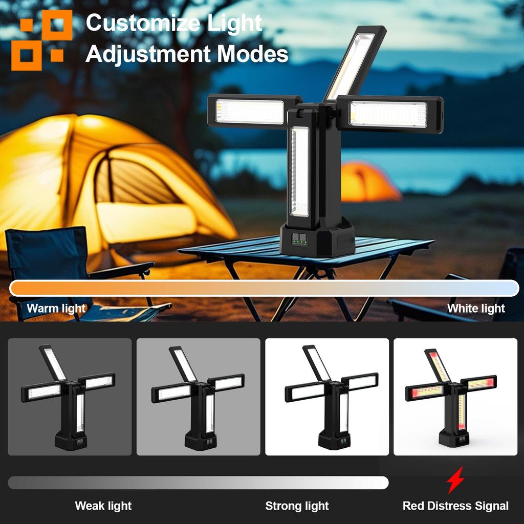 8000lm Ultra-Bright LED Work Light, USB Rechargeable, Solar Charging, 4 Lighting Modes, 3 Color Switching Modes (Daylight, Warm White, Warm White),