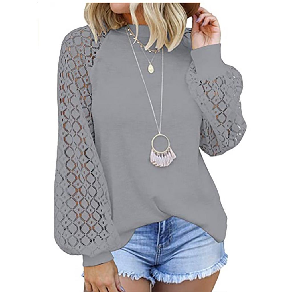 Women's Fashion Casual Blouse  Soild Long Sleeve Lace Splicing Loose Top