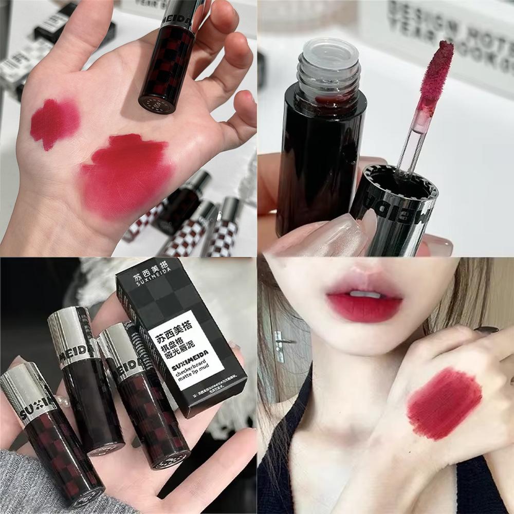 Checkered Nude Purple Matte Lip Mud Mousse Lipstick Waterproof Punk Red Velvet Lip Gloss Non-Stick Cup Lipstick Tint Lip Makeup