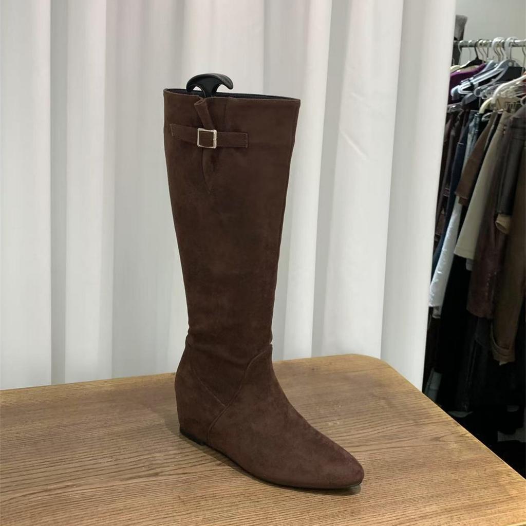 Inner Heightening Pointed Suede Pile Medium Boots Women's Boots 2025 Fall/Winter Brown Maillard Skinny Boots