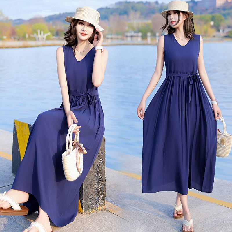 New Women's Summer Sleeveless French Silk-Cotton Beach Dress