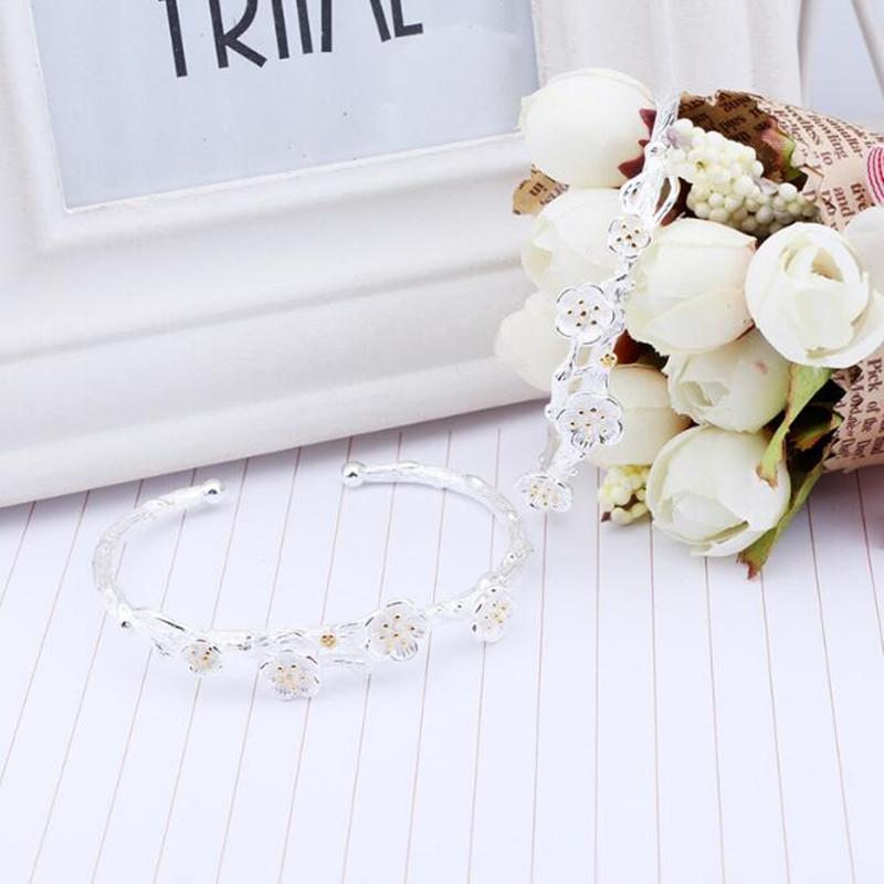 Creative Fashion 925 Sterling Silver Jewelry Exquisite Cherry Flower Blossom Branches Allergy Opening Bracelets   SL014