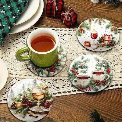 6 Pièces/Ensemble Sous-Verres de Noël Scène de Neige Imprimé Branche de Pin Sous-Verres Imperméables Décoratifs Accessoires de Table de Noël