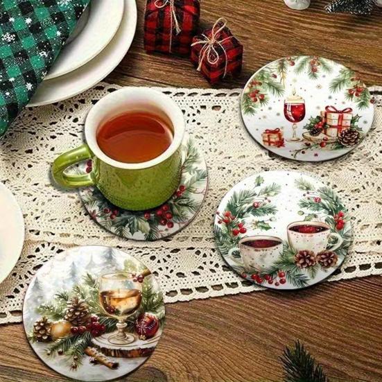 6Pcs/Set Christmas Coaster Snow Scene Pine Branch Print Coasters Waterproof Decorative Christmas Table Accessories