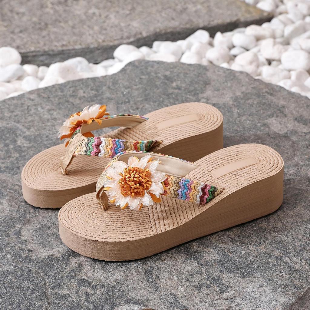Ethnic Style Imitation Hemp Rope Travel Hemp Sole Sandals Korean Tide Outer Wear Flower Flip-flops Beach High Heels Pinch Feet Women's Slippers