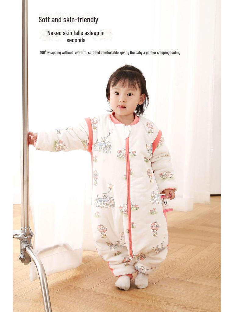 Sac de dormit gros din bumbac pentru bebeluși toamnă/iarnă cu design anti-lovire cu picioare despărțite și fermoar