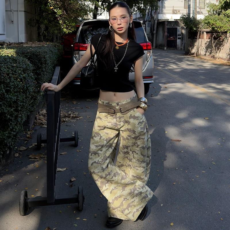 

Street-style American foam print camouflage washed pants for women S олівін