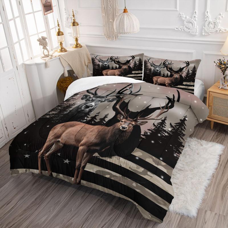 Elk Pattern Quilted Quilt Set Jungle Style Bedding Set Suitable for Hunting Lovers Bedroom Decoration All Seasons