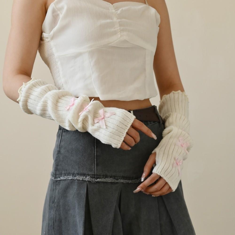 Bow Star Long Wrist Gloves Knitted Fingerless Gloves Trendy Warm Arm Sleeve  JK Accessories