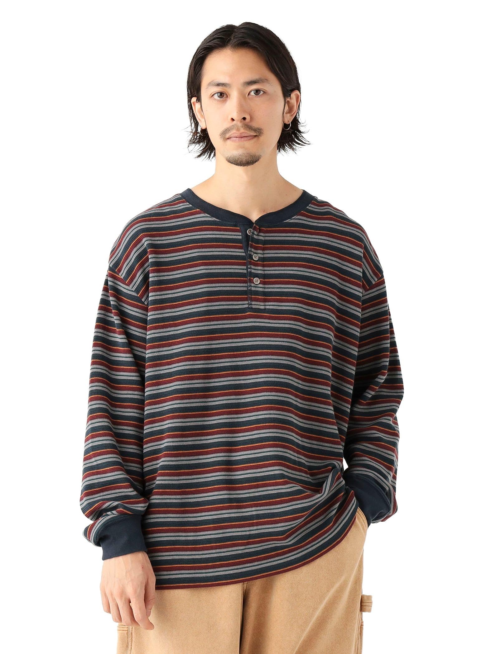 

B:MING LIFE STORE by BEAMS Men s Long Sleeve T-Shirt with Waffle Stripes and Henley Neck, Navy, Size L