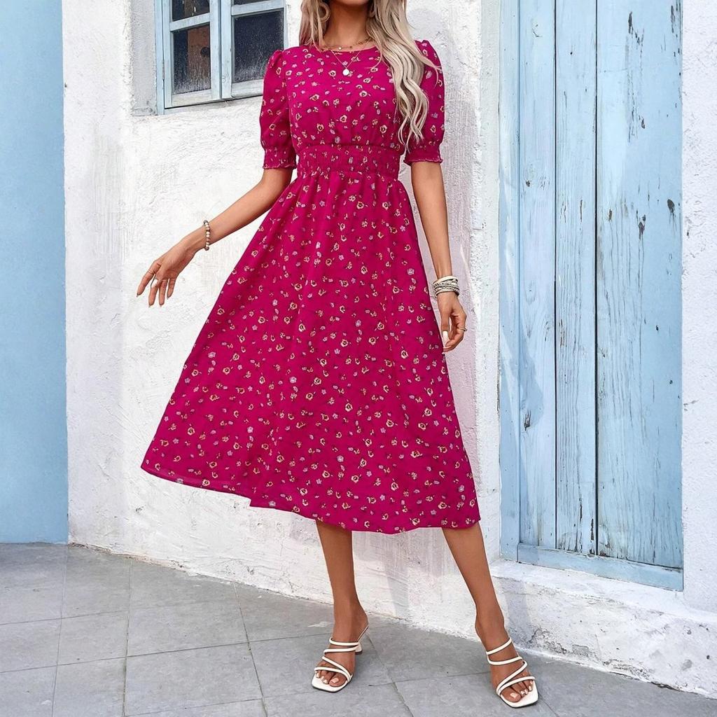 Women's Fashionable Round Neck Short Sleeved Floral Print Holiday Casual Dress