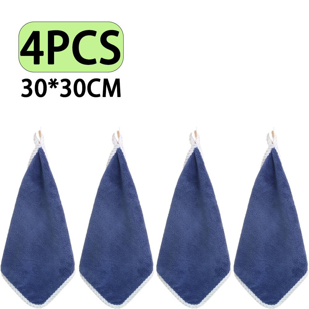 

4 шт. 30×30 см Подвесные полотенца для рук - Мягкие впитывающие салфетки из кораллового флиса с петлей для подвешивания для ванной, кухни и умывания 4pcs темно-синий