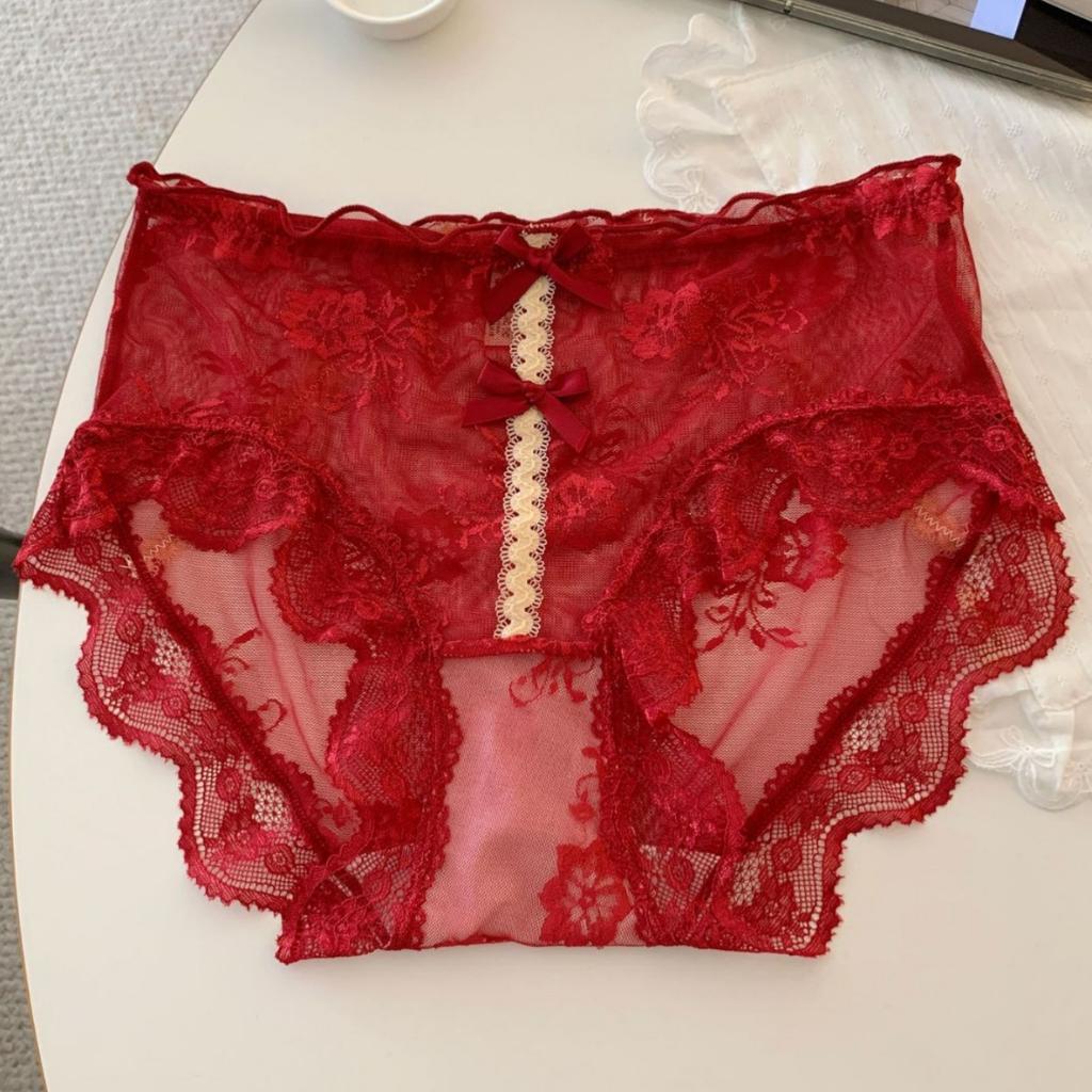 Ladies Summer Sexy Lace Bow Soft Pure Net Yarn Pure Cotton File High Waist Briefs