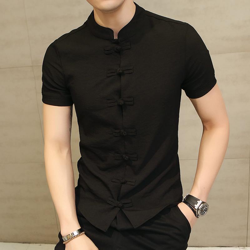 Men's Slim Fit Solid Color Frog Button Stand Collar Short Sleeve Shirt, Plus Size Casual 2025 Summer Collection