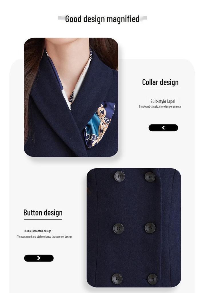 Women's Dark Blue Wool Tweed Long Coat - Chic Autumn/Winter Workwear