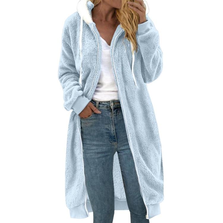 Women Hooded Coat Medium Length Solid Color Double Sided Plush Pocket Jacket