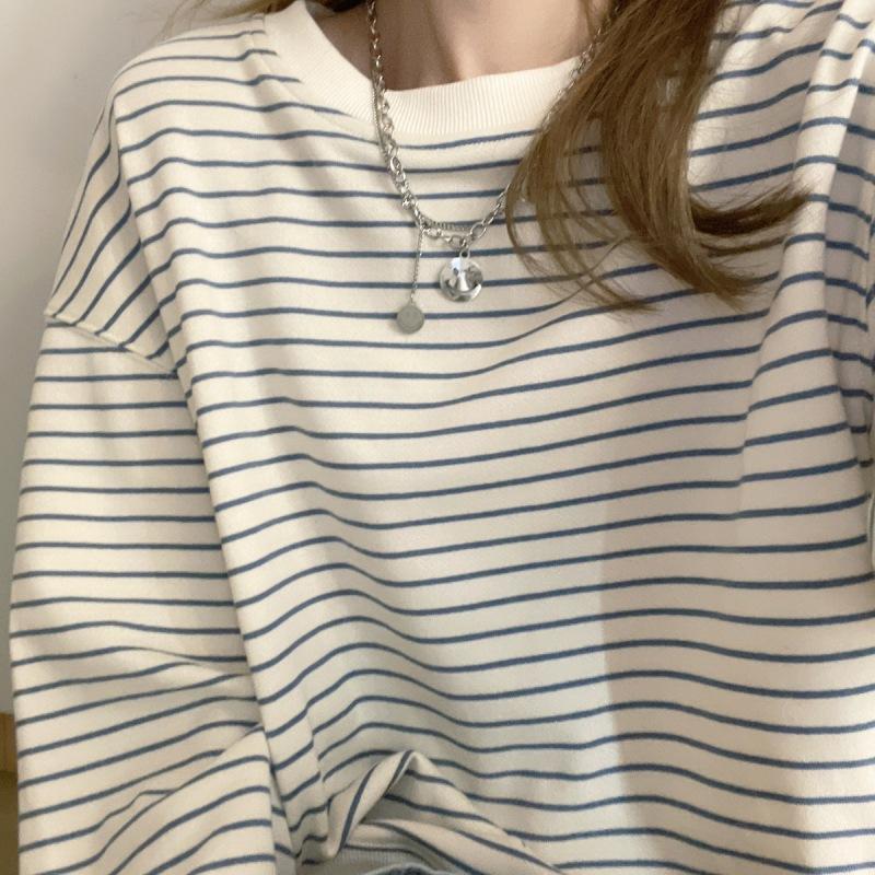 Women's Loose Striped Round Neck Pullover Long Sleeved Sweatshirt