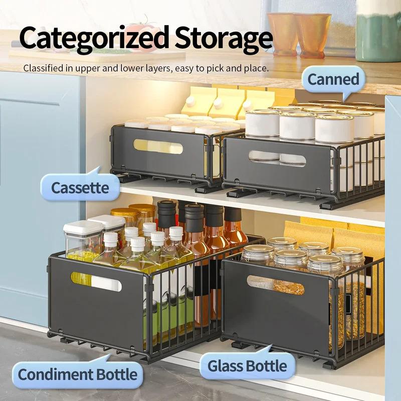 Pull-out cabinet organizer, sliding metal storage basket for kitchen, fits various room cabinets, home organization accessory
