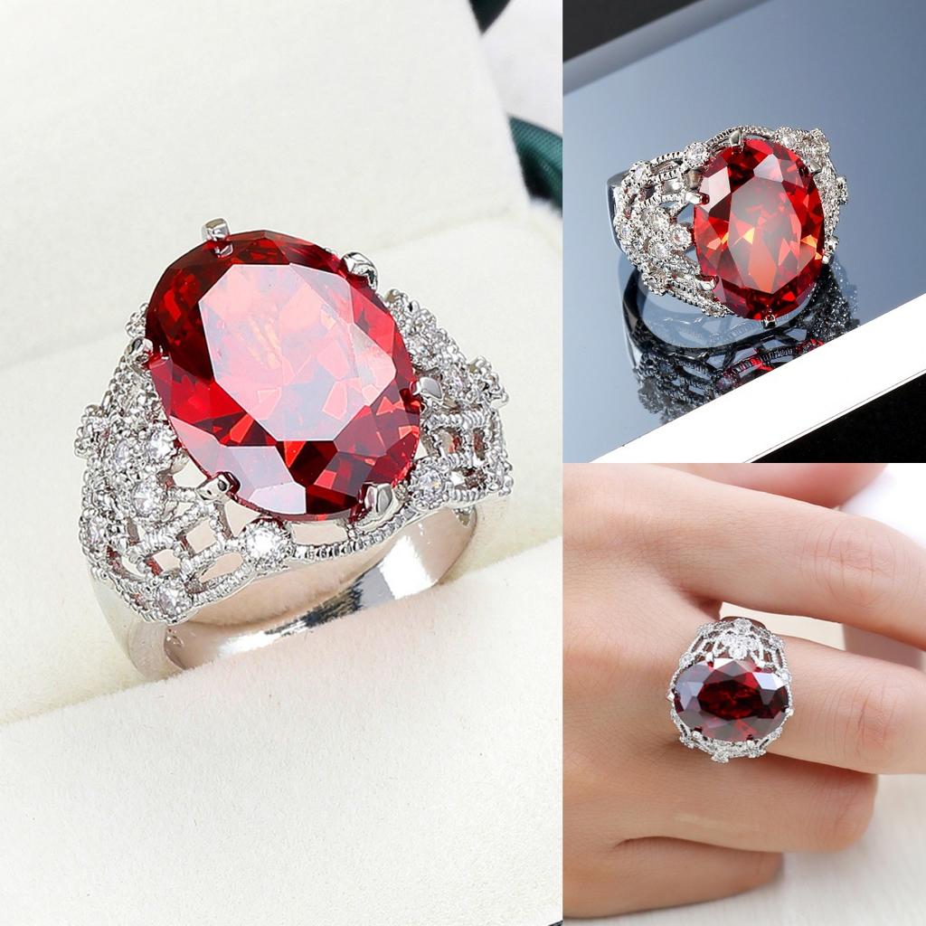 Fashion Female Rings  Sterling Silver Hollow Heart Pattern Ruby Zircon Rings for Women Engagement  Gift Anillos Mujer