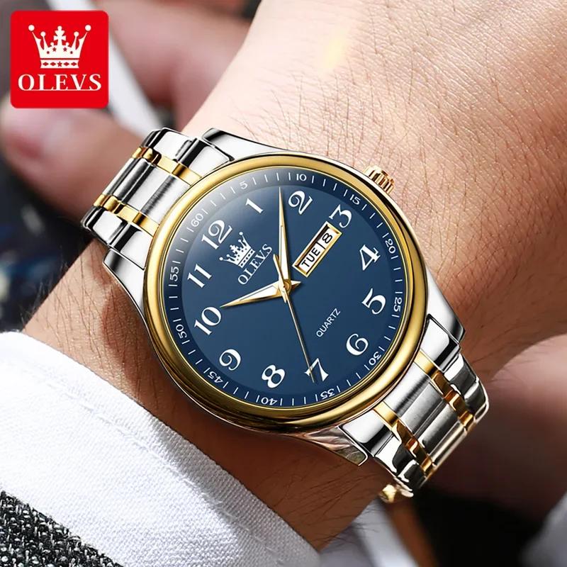 OLEVS Klassische Herrenuhren aus Edelstahl, wasserdicht, leuchtend, Doppelkalenderanzeige, Quarzuhr für Männer