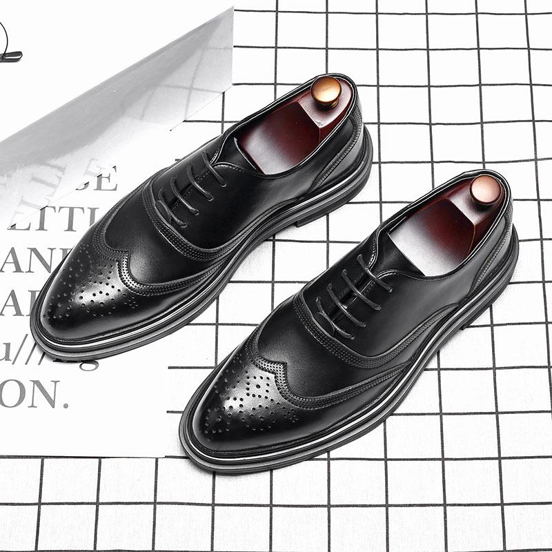 Mu Huisen Autumn Korean Version Pointed Business Men's Shoes British Block Engraved Casual Lace-up Work Shoes ZY4019