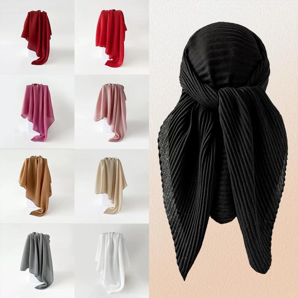 90*90cm Pleated Cotton Linen Square Scarf For Women Muslim Hijab Scarves Shawls Solid Headscarf Wraps Islamic Turban Headband