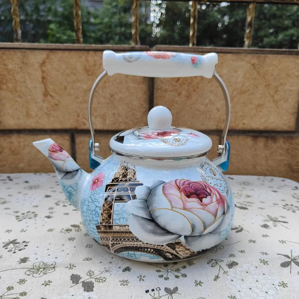 Emaille-Teekanne im chinesischen Stil 2,5L/1,5L, Anti-Verbrühungsgriff, Gasherd-Kessel, birnenförmige florale Emaille-Kaffeekanne