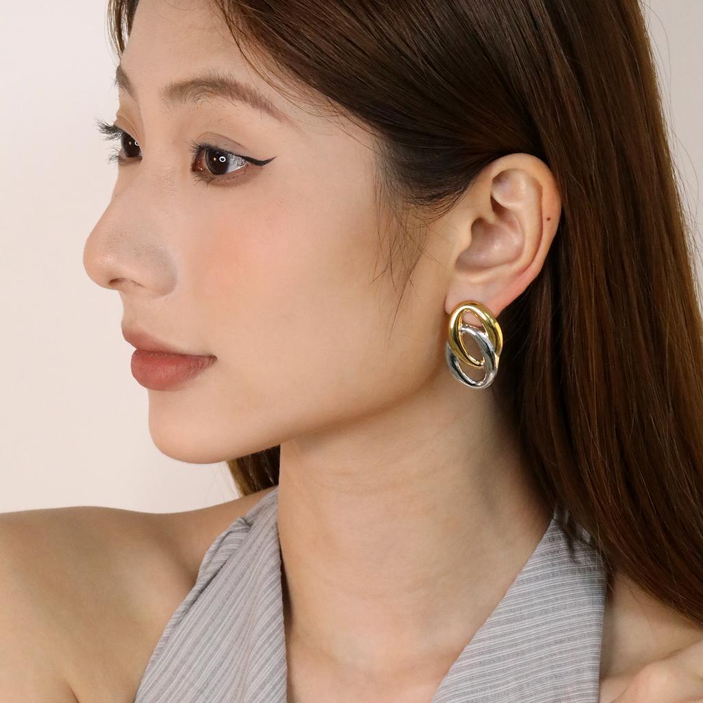 Women's Niche Stainless Steel Two-tone Earrings, Vreative Jewelry, High-end INS Style New Uique Design, Waterproof Gift Jewelry