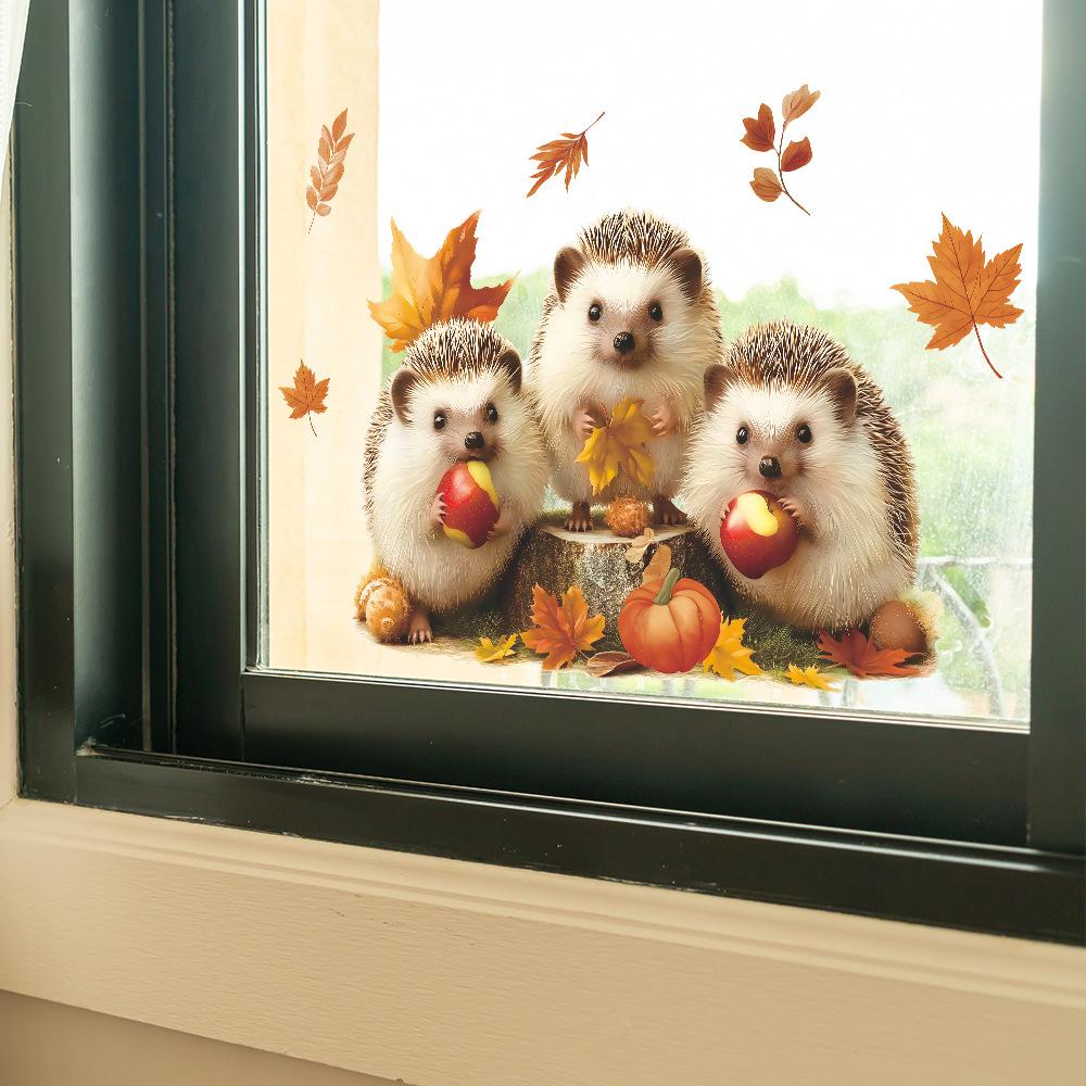 Cute Hedgehog Eating Apples, Autumn Fallen Leaves, Home Glass Window Decoration Stickers