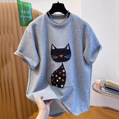 Sommer 100% Baumwolle Lässiges Oversize T-Shirt Damen Hip Hop Streetwear Harajuku Cartoon Katze Kurzarm T-Shirts für Damen grau Y2k Oberteile