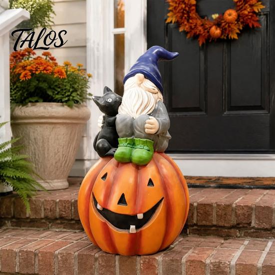 Hand Painted Yard Decor Halloween Gnome Outdoor Garden Statue, Resin On Pumpkin Figurine with Autumn Home Accents Black Cat, Fall Dwarf Sculpture for