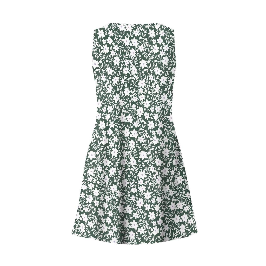 Lässiges Damenkleid mit V-Ausschnitt, ärmellos, Blumendruck und Seitentaschen