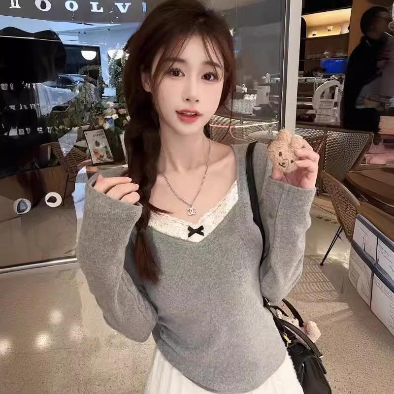 Gray Lace-Stitched Long Sleeve Top: 2024 Spring/Autumn Niche Women's Shirt